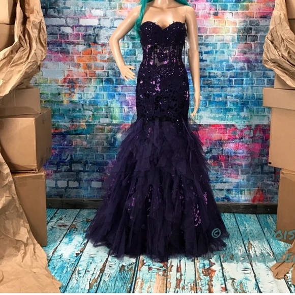 Beautiful Purple Jovani Corset Mermaid tulle dress gown formal designer Size 4 - Picture 10 of 11